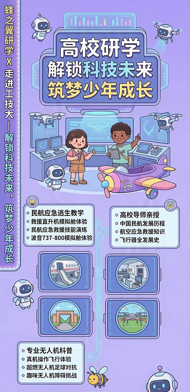 根据参考海报复刻设计一张高校研学活动海报，内容为：蜂之翼研学X走进工技大，解锁科技未来筑梦少年成长，包含标题'高校研学 解锁科技未来 筑梦少年成长'，左侧竖排文字'蜂之翼研学X走进工技大——解锁科技未来，筑梦少年成长'，内容模块：1.民航应急逃生教学、救援直升机模拟舱体验、民航应急救援技能演练、波音737-800模拟舱体验；2.高校导师亲授、中国民航发展历程、航空应急救援知识、飞行器全发展史；3.专业无人机科普、真机操作飞行体验、超燃无人机足球对抗、趣味无人机障碍挑战。风格为紫色科技风卡通插画，包含机器人无人机小飞机元素，保持原图布局排版