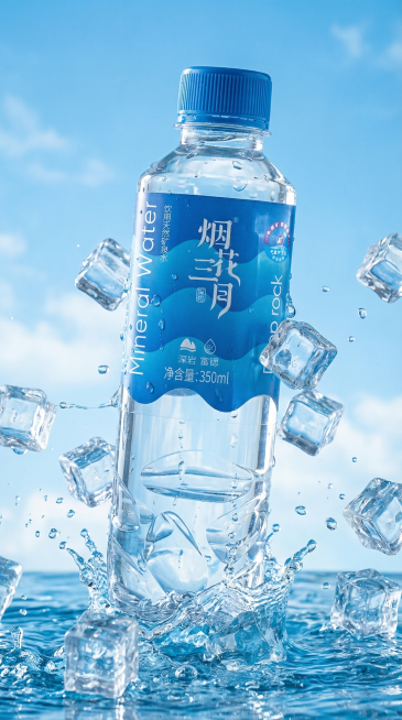 透明塑料瓶装饮用天然矿泉水，蓝色瓶盖，蓝白波纹标签，瓶身带文字"烟花三月"，保持产品物理结构不变，严禁扭曲拉伸改变瓶身形态和文字位置。
户外清爽夏日场景，明亮清澈蓝色调，搭配多块透明冰块和飞溅水花。预览效果