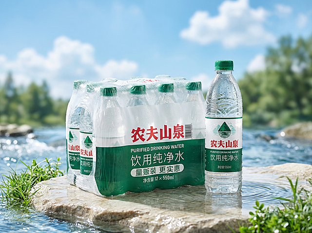 农夫山泉饮用纯净水，12瓶整箱包装加单瓶，保持产品原有外观、文字和物理结构绝对不变，严禁扭曲形变，保持瓶身和包装上的文字原样，严格遵守物理空间关系，不穿模。
主体放置在浅色岩石台面上，背景是蓝天白云户外溪边，拉开景深，保留清晰接触阴影。
清透夏日冷调自然光，左侧漫射柔光，阴影极淡柔和，画面明亮干净。
瓶身密布凝露小水珠，水面泛起波光，点缀翠绿青草，增加清爽生机。
商业高端电商实拍，4K分辨率，自然通透，种草氛围感，极具清爽夏日感觉。保持原图比例。变形,扭曲,Logo变形,包装扭曲,穿模,杂乱,水印,西方面孔,硬光,高对比度,灰暗,悬空,比例失调