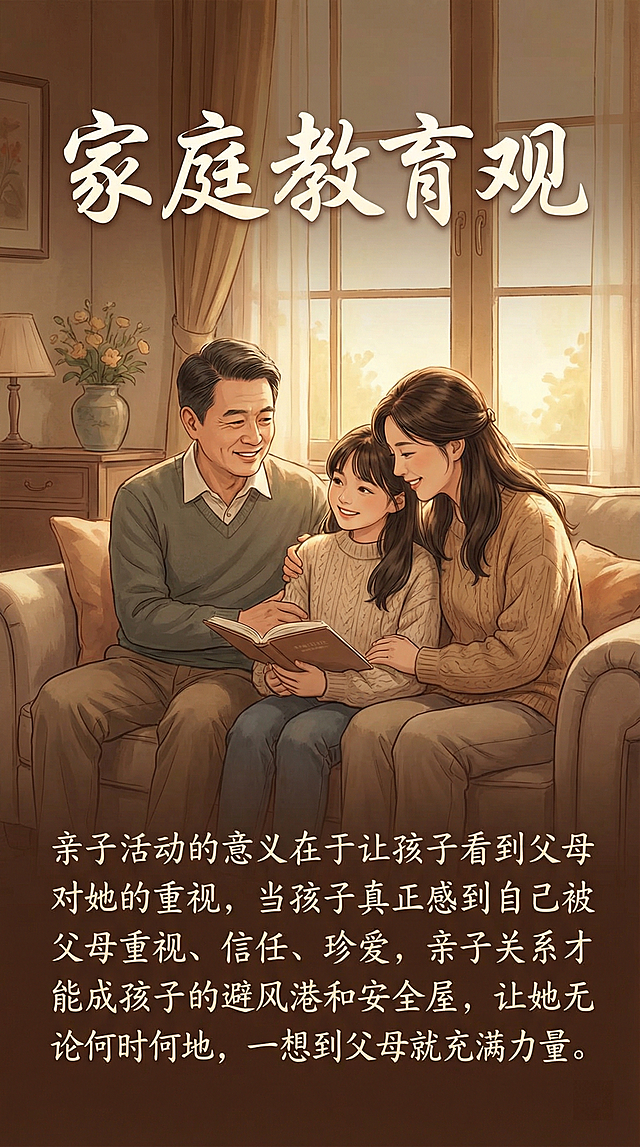 一张家庭教育主题的宣传图，画面上只有一对中年中国父母和一个中国大学生女孩，一家人温馨和谐。画面上方有清晰书写正确的中文大标题"家庭教育观"，画面下方配清晰书写正确的中文文字："亲子活动的意义在于让孩子看到父母对她的重视，当孩子真正感到自己被父母重视、信任、珍爱，亲子关系才能成为孩子的避风港和安全屋，让她无论何时何地，一想到父母就充满力量。"，所有文字必须清晰正确，画面风格温暖治愈。