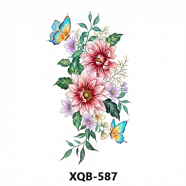 将黑白大丽花花束纹身渲染为绚丽彩色：大花花瓣为淡粉→玫红渐变，花蕊金棕；小碎花为浅紫+鹅黄，叶片为翠绿→墨绿层次；添加两只彩色蝴蝶——一只停在左上花枝、一只停在右下枝条，翅膀为霓虹蓝+金橙渐变，带透明质感与精细纹理；整体保持原竖向构图、纯白色背景，风格为写实水彩擦画，色彩饱满协调