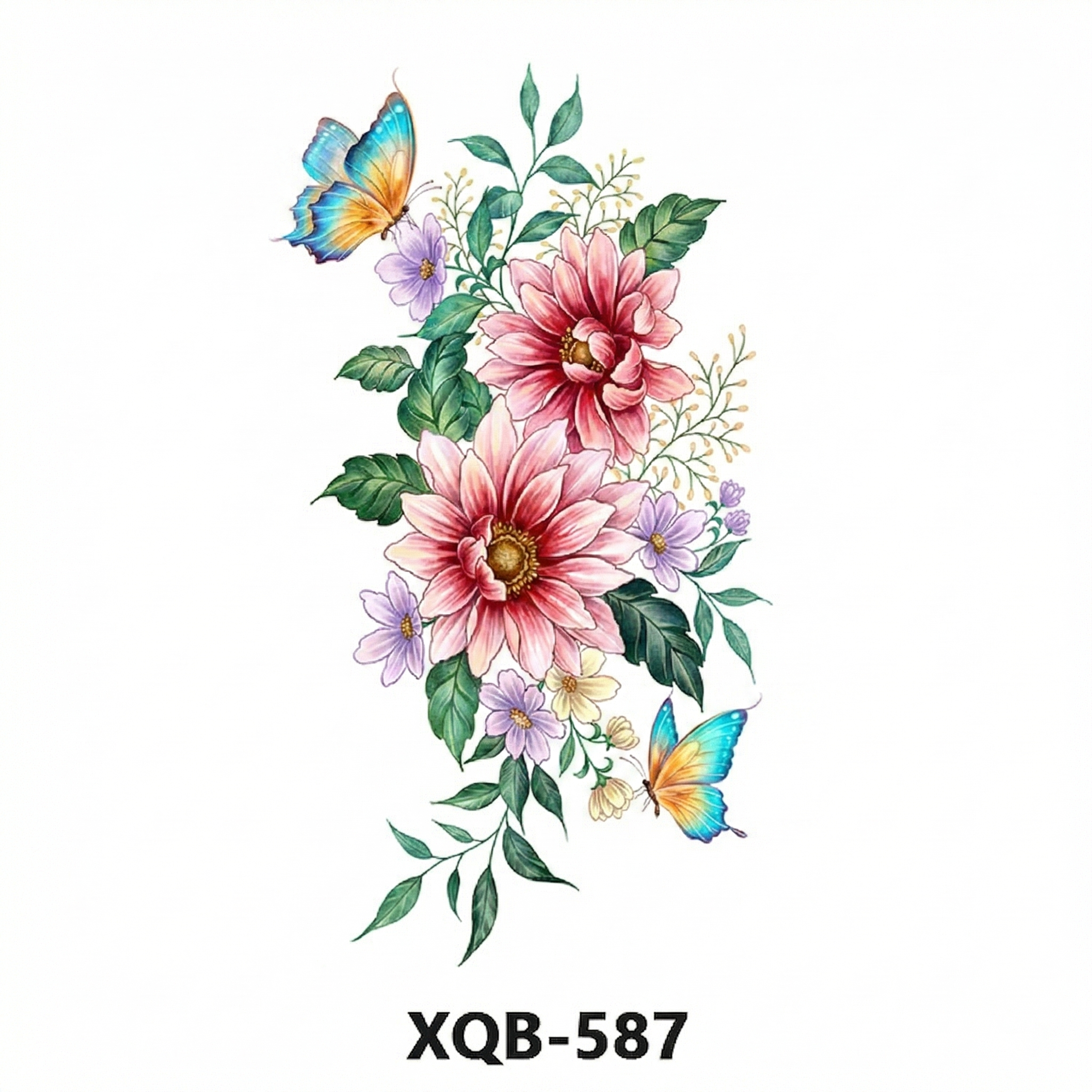 将黑白大丽花花束纹身渲染为绚丽彩色：大花花瓣为淡粉→玫红渐变，… - 图片创意预览