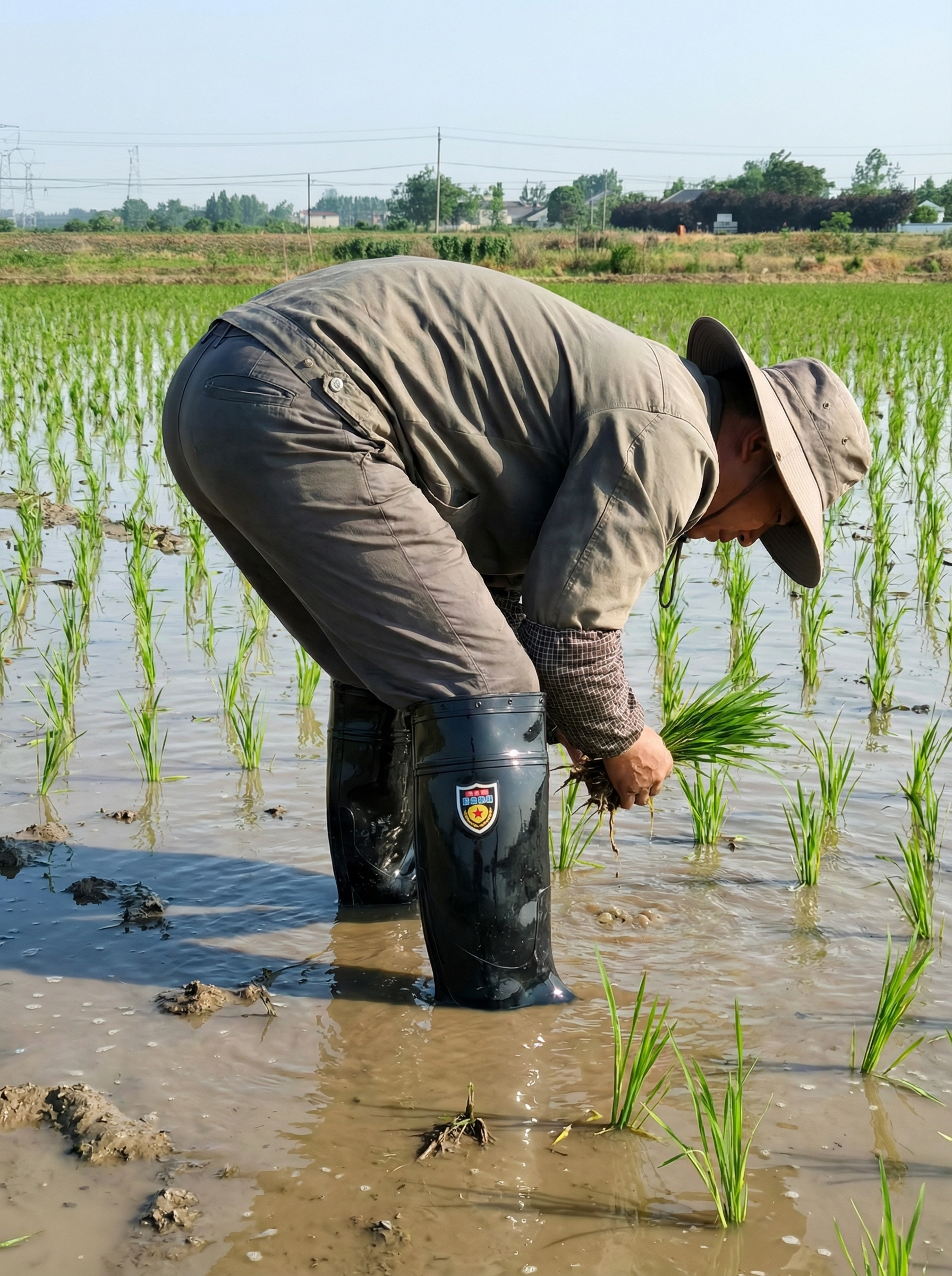 基于雨鞋，生成现代化35岁新型农民穿着这款雨鞋正在插秧的场景图… - 图片创意预览
