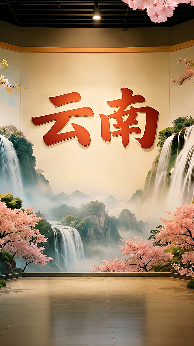 填充图片中的白色空白区域，保持和原图一致的风格，延续周围的墙面、樱花、瀑布山水景观，保持整体画面协调统一，去掉白色空白窗口