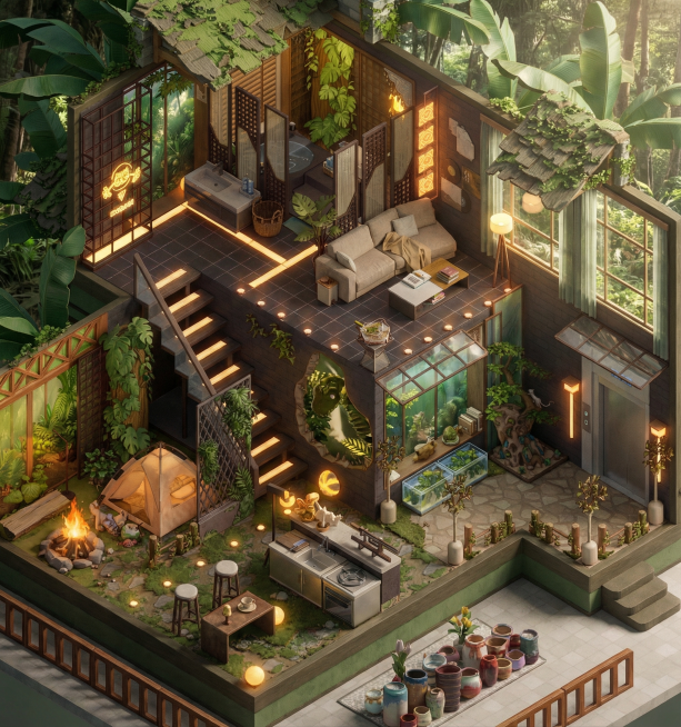 基于原图布局，将插画房间还原成真实摄影房间，不改变家具物品的位置和造型，还原真实光影，提升视觉效果，保持自然真实感，优化色彩平衡，增强细节清晰度，生成立体感强的等轴视角房间全景图，清晰表达家具、摆件、预览效果