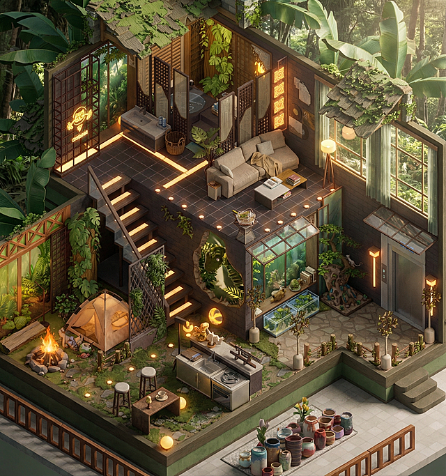 基于原图布局，将插画房间还原成真实摄影房间，不改变家具物品的位置和造型，还原真实光影，提升视觉效果，保持自然真实感，优化色彩平衡，增强细节清晰度，生成立体感强的等轴视角房间全景图，清晰表达家具、摆件、绿植的真实材质质感，还原真实窗外自然场景，保留原插画透视视角不做更改