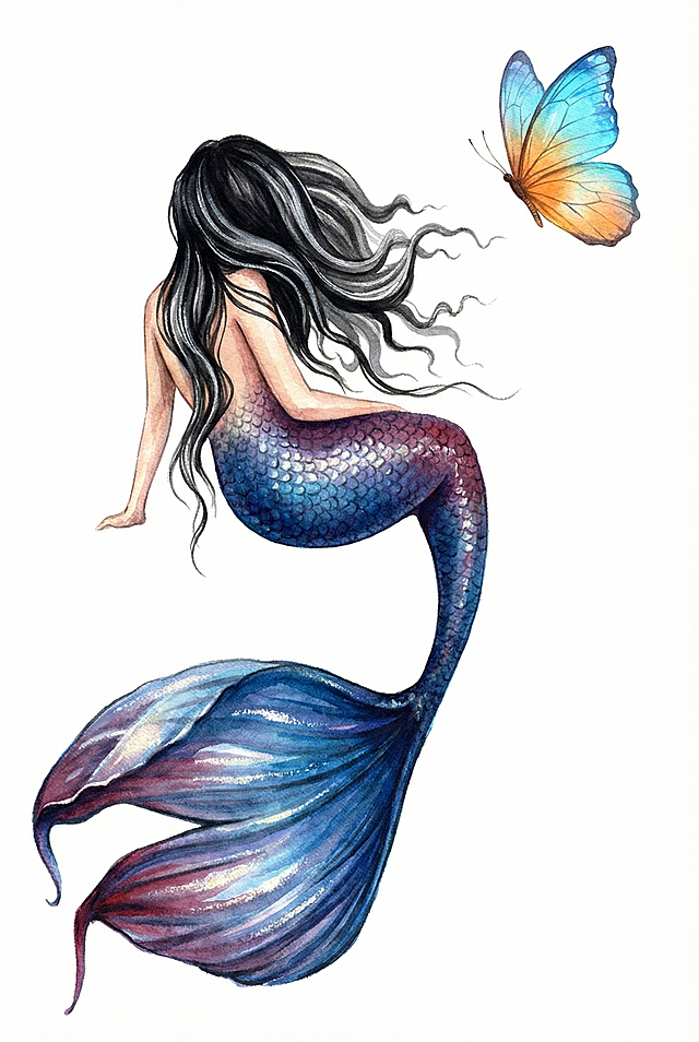 将黑白美人鱼纹身渲染为绚丽彩色：鱼尾鳞片采用深蓝→紫红渐变并带珠光高光；长发为墨黑+银灰挑染，发丝飘逸；右上角添加一只彩色蝴蝶（翅膀为霓虹蓝+金橙渐变，带透明质感与细纹）；整体保持原竖向构图、纯白色背景, 风格为写实水彩擦画质感，色彩饱满协调