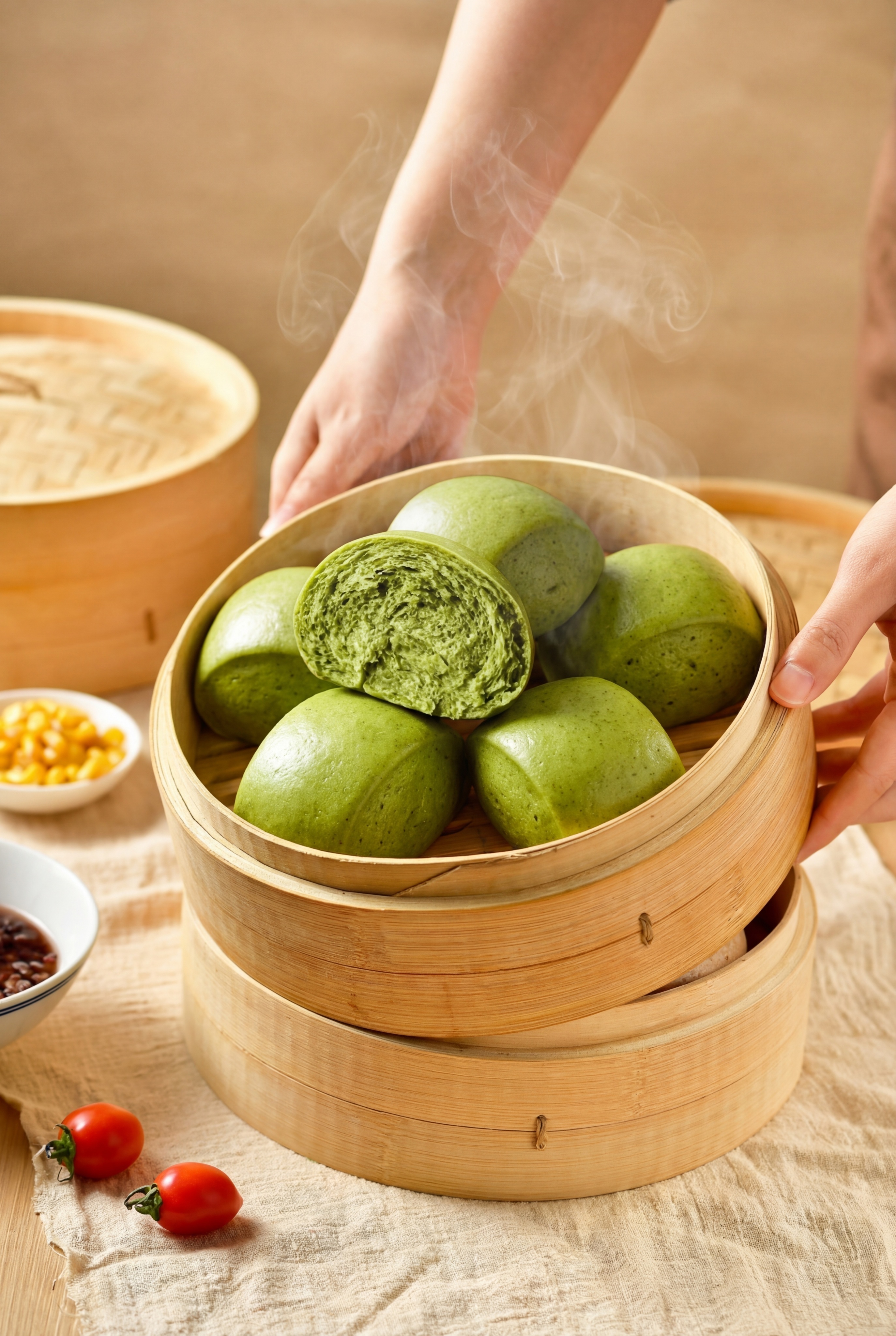 基于图1的绿色馒头，生成图2的双手捧蒸笼的场景，参考图2的场景… - 图片创意预览