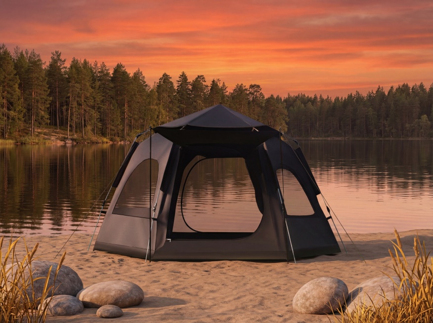 大号黑色六角帐篷，保持原有物理结构绝对不变，严禁扭曲变形。搭建在静谧湖边沙滩上，背景是成片樟子松林，湖面倒影清晰，傍晚时分橙红色晚霞铺满天空，层次自然。柔和暖调漫射光，整体偏暖低饱和色调，阴影柔和，画预览效果