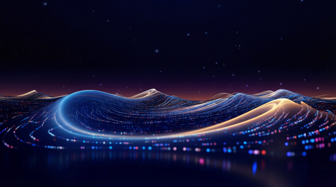 将图片中过亮的发光区域光线调暗，让整体光线变得协调统一，保留原有的赛博科技感山峦星空效果和彩色粒子细节预览效果