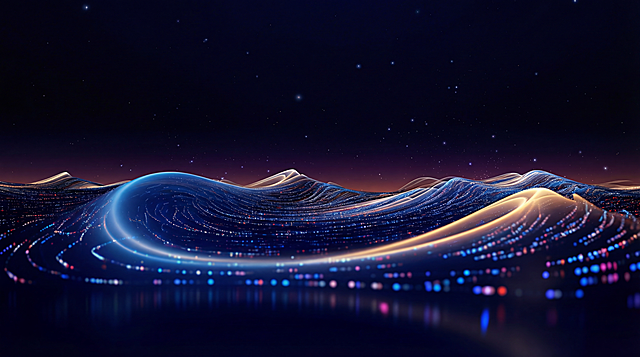 将图片中过亮的发光区域光线调暗，让整体光线变得协调统一，保留原有的赛博科技感山峦星空效果和彩色粒子细节