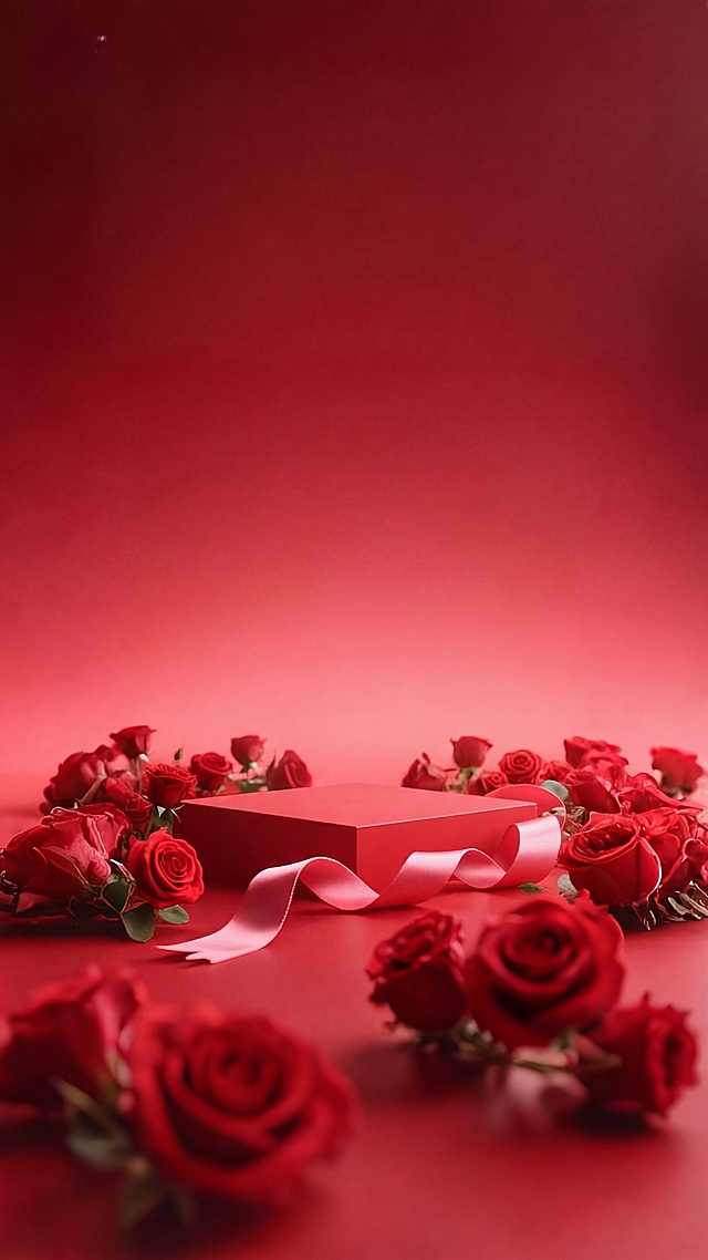 去除图片中间的透明心形玻璃盒子、粉色毛绒爱心和红色玫瑰花束，保留周围散落的红玫瑰、粉色丝带、红色底座和红色背景，保持整体风格和光影一致