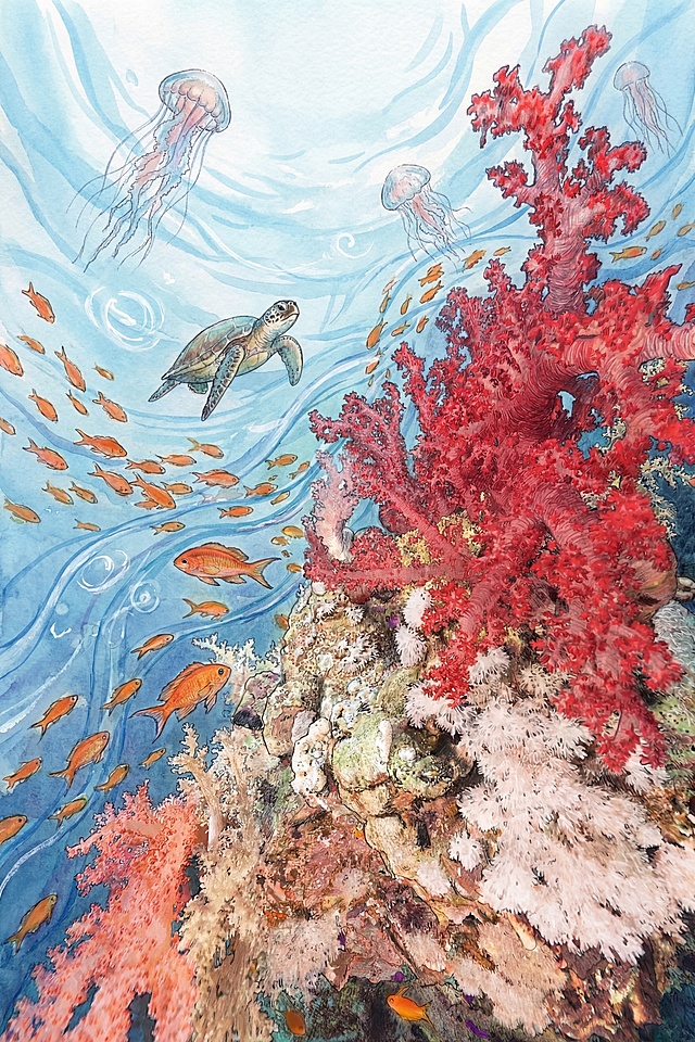 重新生成手绘风格海底珊瑚场景：突出鲜艳红珊瑚与白色软珊瑚，添加清晰洋流线条（如蓝色水纹、流动感光斑），增加多样海洋生物——成群橙色小鱼、一只游弋海龟、几只半透明水母悬浮其中；整体保持细腻水彩手绘质感，构图饱满，光影柔和