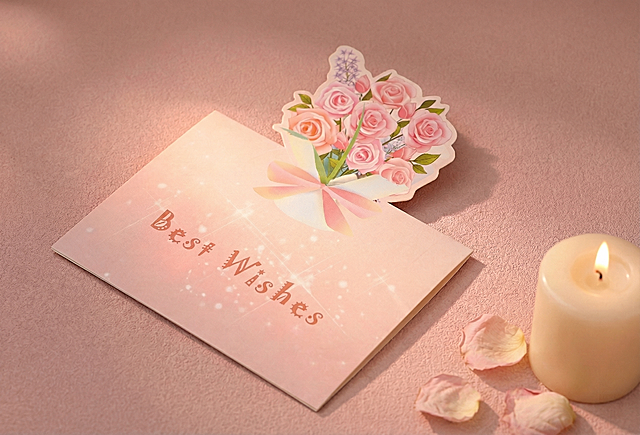 粉色贺卡带立体玫瑰花束，贺卡表面印有'Best Wishes'文字。保持产品物理结构不变，严禁扭曲拉伸。
柔和侧逆光从左上方打下，在贺卡表面形成清晰光束与自然阴影过渡，光束照亮花束与文字区域，营造温馨治愈氛围。
背景为统一浅粉色哑光质感桌面，右下角放置一支点燃的米白色蜡烛与散落花瓣，构图与参考图一致。
微调视角至偏左30度，保留原图光影方向与强度，重构背景纹理避免重复。
严格锁定宽高比 16:11。4K分辨率。西方面孔,金发,深眼窝,雀斑,杂乱房间,死黑阴影,硬光,乡村风,高对比度,欧美妆容,变形,扭曲,比例失调