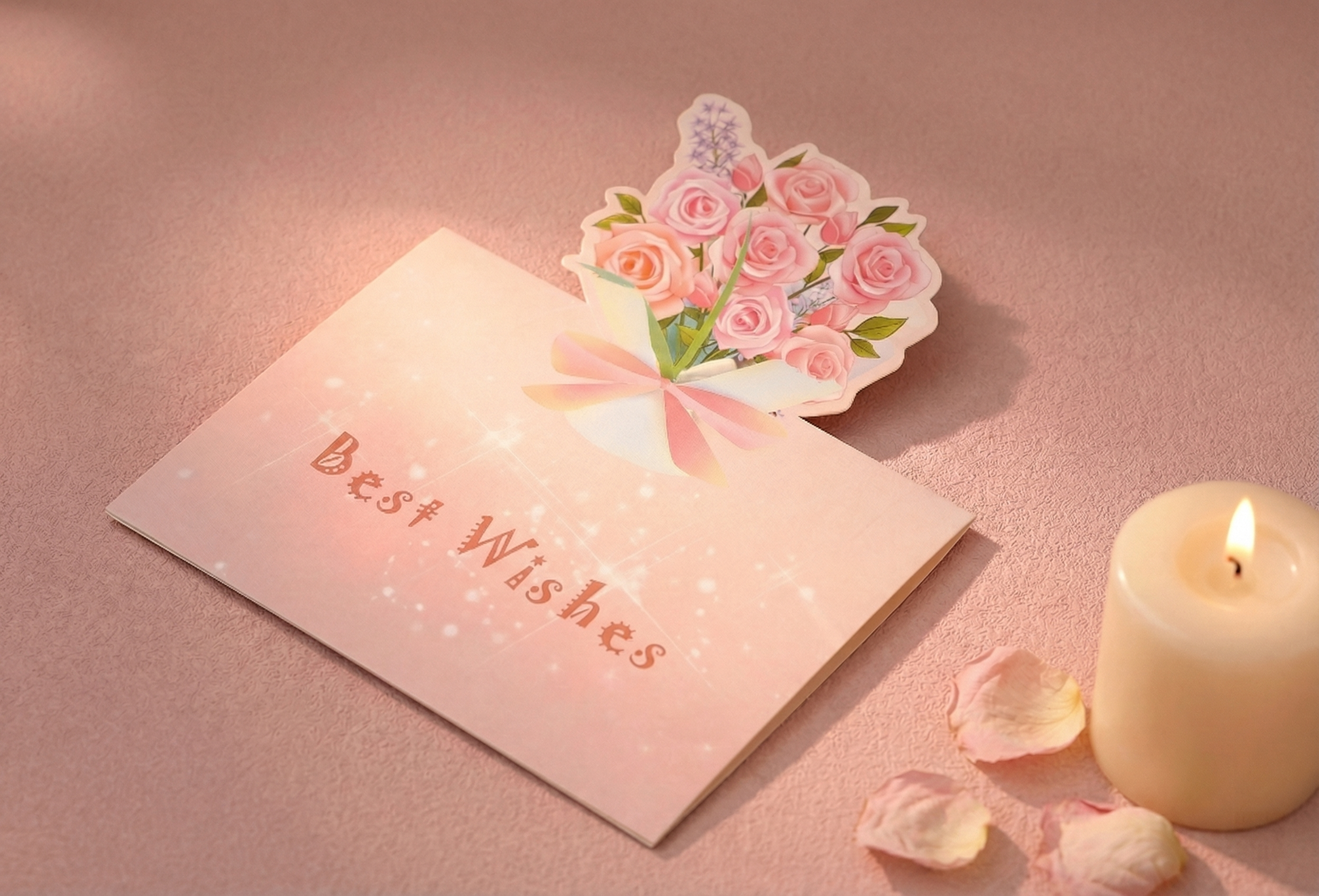 粉色贺卡带立体玫瑰花束，贺卡表面印有'Best Wishes'… - 图片创意预览
