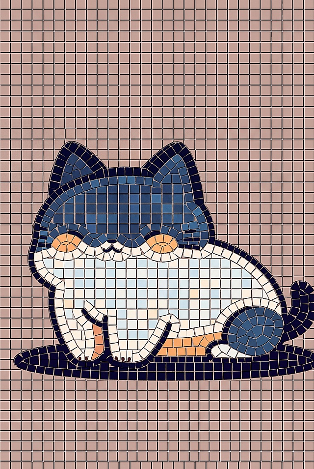 将原图调整为马赛克画形式，作品为A4大小，每个马赛克方块边长为1cm，保留原图中的蓝白猫咪图案和浅棕背景，整体转换为规整的马赛克效果