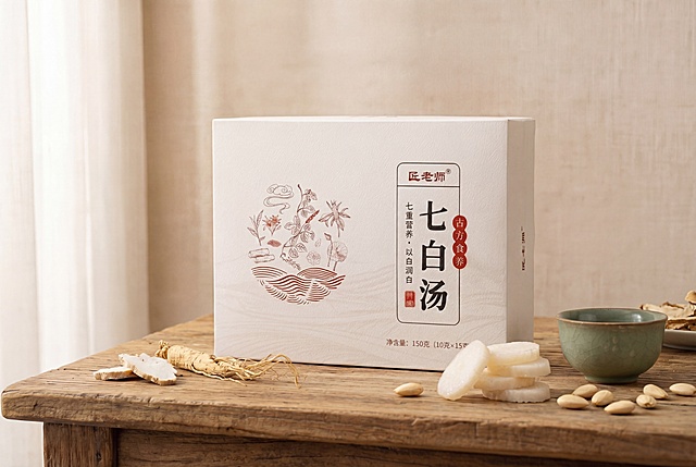 基于原图，将桌面上的枸杞替换为山药片与杏仁。保持包装盒、人参、青瓷杯等其余元素完全不变。
山药切片呈乳白色半透明状，堆叠自然；杏仁为浅米色带皮整粒，散落于山药旁，呈现中式养生食材搭配。
整体风格延续原图的柔和漫射光、低对比度暖调，画面干净通透，无多余杂物。
商业高端产品摄影，4K分辨率，材质细节清晰，严格保持原图构图与比例（16:10）。
禁止添加/删除/变形其他任何元素。