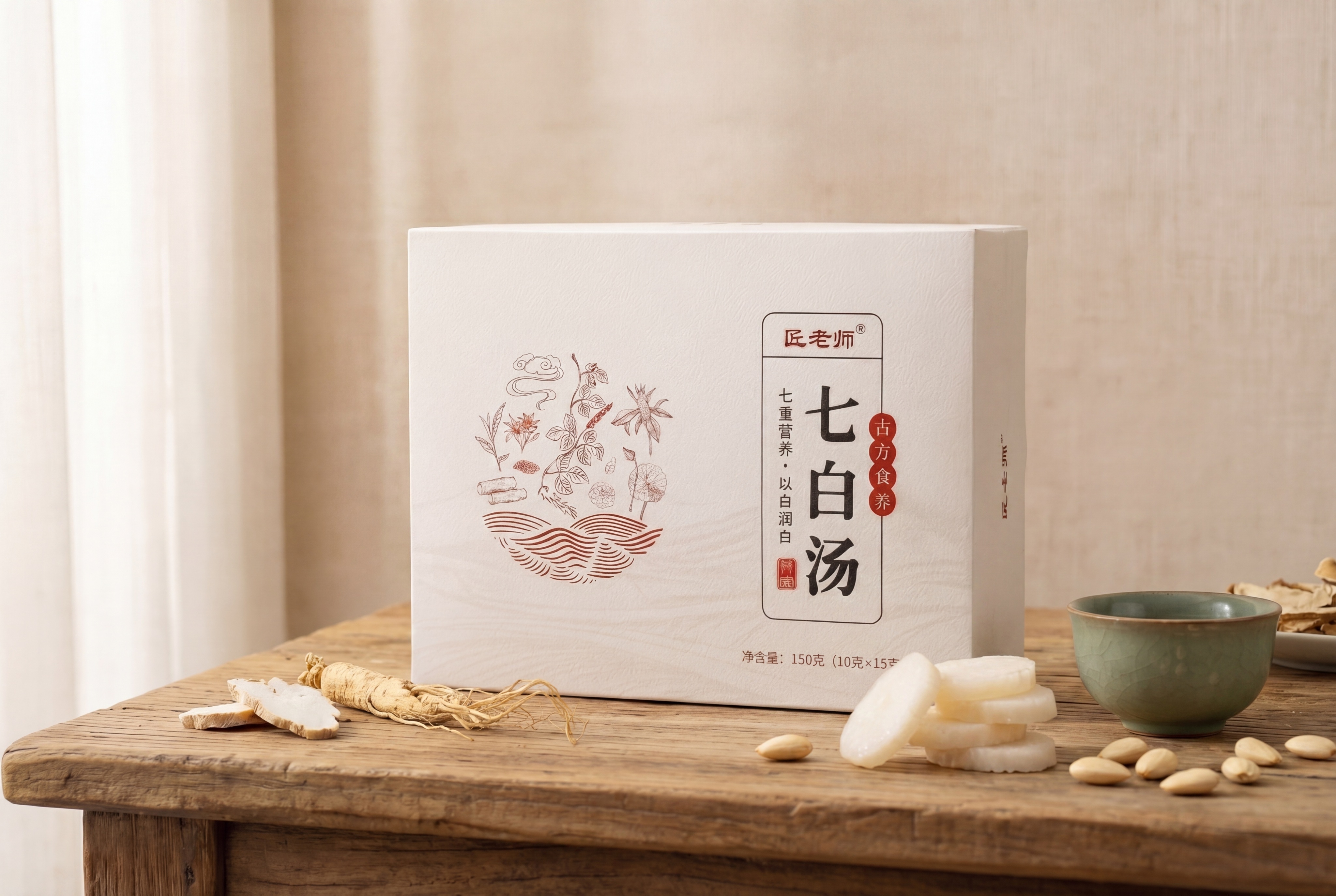 基于原图，将桌面上的枸杞替换为山药片与杏仁。保持包装盒、人参、… - 图片创意预览