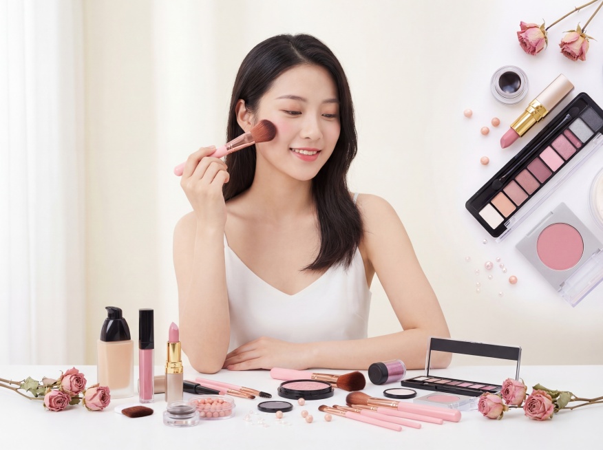 保持全套彩妆产品（包含粉底液、口红、眼影盘、腮红、蜜粉球、化妆刷、眉粉等多件单品）的原有外观和物理结构绝对不变，产品颜色为粉色系，化妆刷采用粉色刷柄玫瑰金刷头，保持产品丰富性不变，不新增不丢失任何单品预览效果