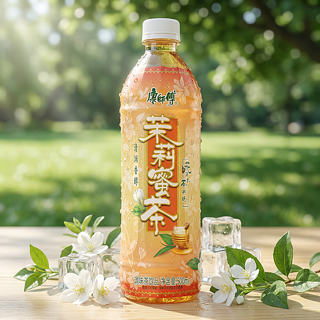 康师傅茉莉蜜茶瓶装饮料，保持产品包装文字和物理结构绝对不变，严禁扭曲变形。主体清晰呈现，平稳放置在浅原木桌面，户外草坪树荫背景，拉开景深，搭配新鲜茉莉花和冰块。清透夏日冷色自然光，左侧柔光打入，展现包装光泽。瓶身布满冷凝水珠增添清爽食欲，点缀翠绿茉莉枝叶。商业高端美食摄影，4K分辨率，极高材质细节，干净通透，极具夏日清爽感，保持原图比例。