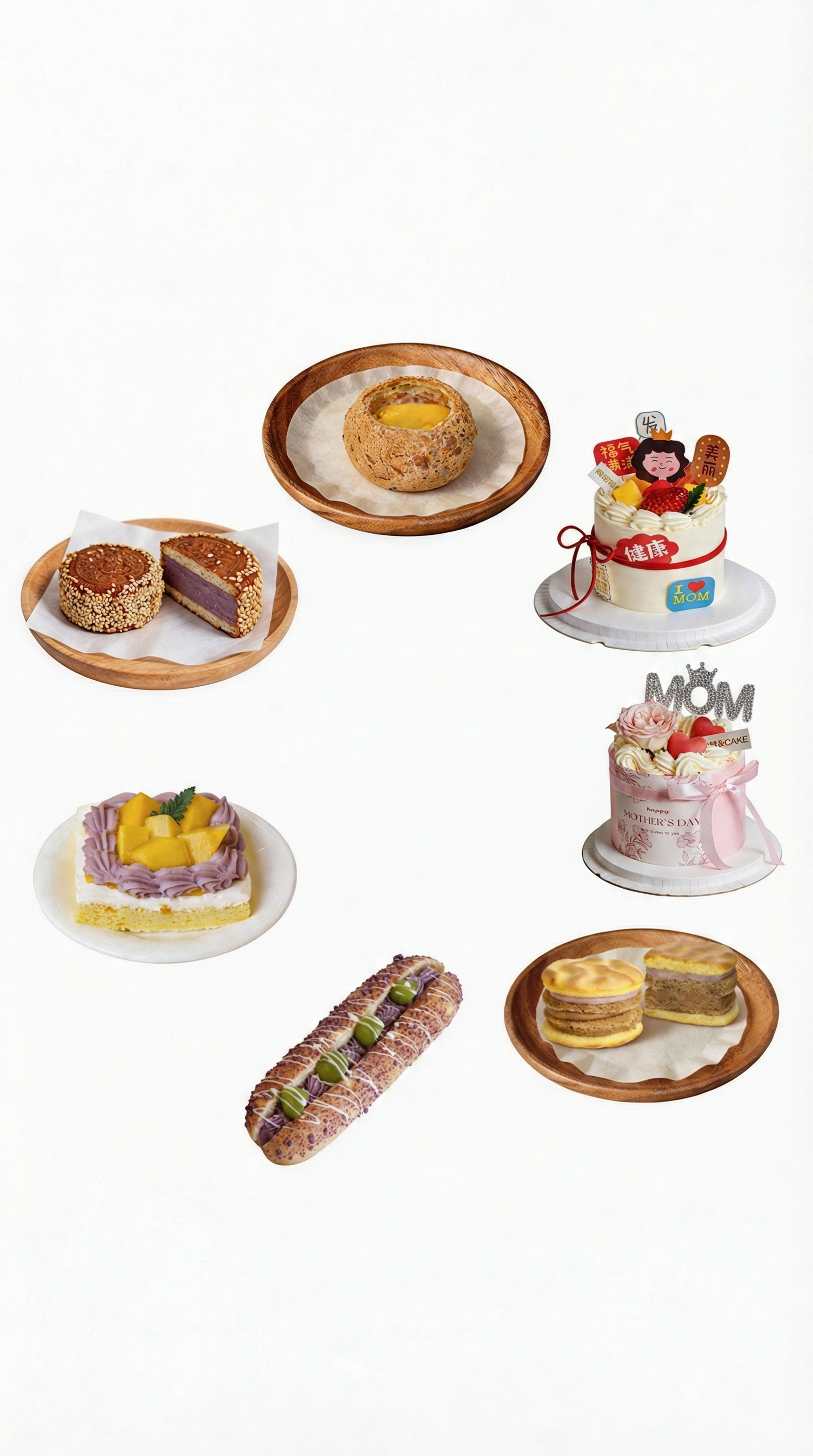 将提供的7款不同美食（泡芙、两款母亲节主题蛋糕、芋泥夹心松饼、… - 图片创意预览