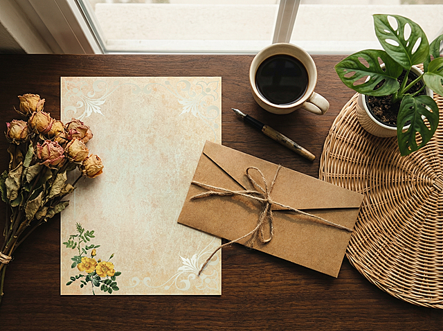 复古文艺风，俯视角度拍摄，场景为复古欧式书房窗台，将参考图中的信纸套装摆放在深棕实木桌面，右侧牛皮信封，左侧展开信纸，信封自然的叠放在信纸上，信封宽度与信纸差不多，比例正确，搭配复古玫瑰花、米白咖啡杯、钢笔、龟背竹、藤编背景，柔和自然光，暖系复古胶片色调，4k高清