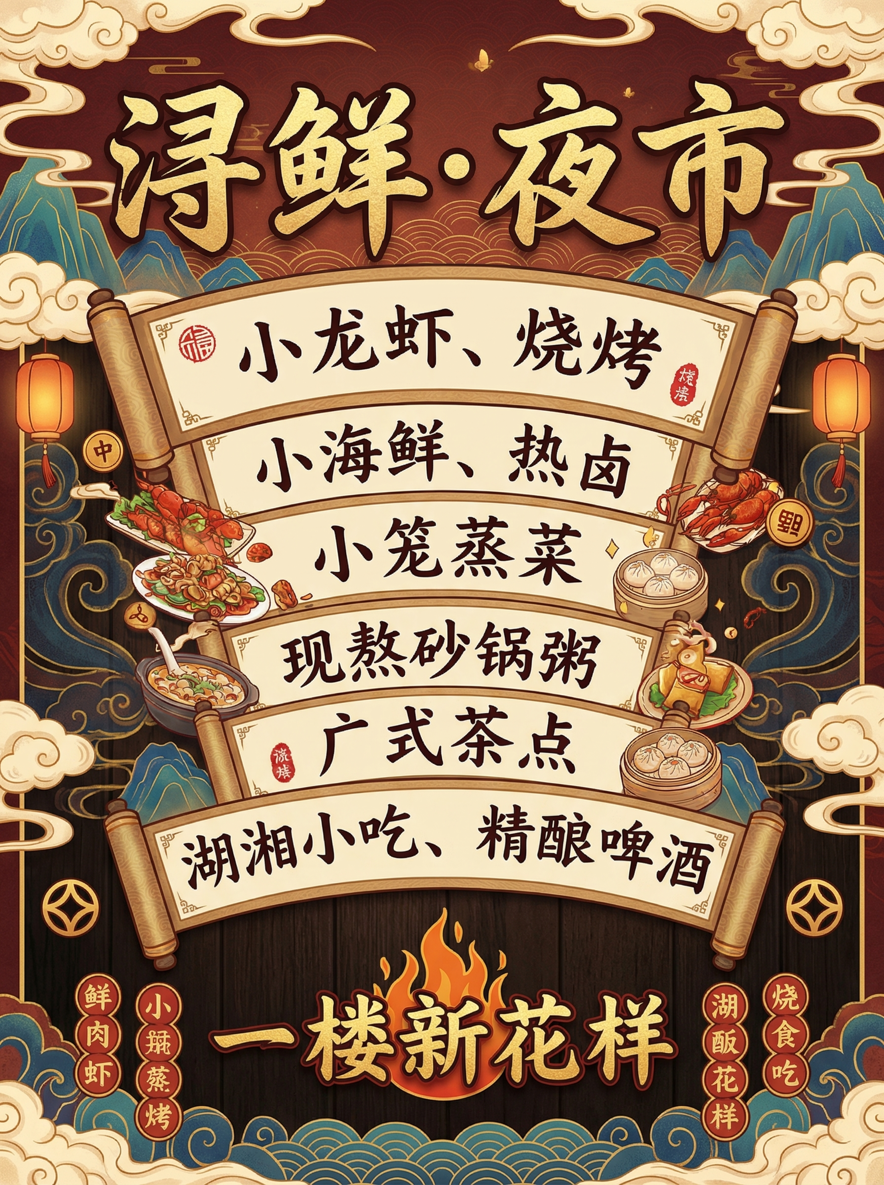 制作一张A5尺寸国风浔鲜夜市台卡，背景为中国风传统纹样，保留文… - 图片创意预览