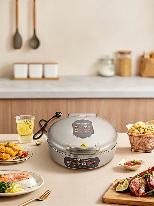 将原图餐桌中央的空白区域放入图1(参考图)中的银色荣事达电饼铛，保持原产品的真实物理结构、颜色、文字标识完整，真实比例，严禁挤压或变形。
电饼铛需完美继承餐桌的底部接触点，放置在画面中央偏下位置，与桌面自然贴合，严禁漂浮或位置偏移，使其与背景厨房空间完美融合。
重置该区域光影，赋予自然接触阴影，完美消除电饼铛边缘白边，画面自然真实，严格锁定宽高比为 3:4，4K分辨率。