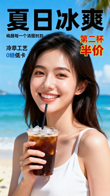 在原有夏季咖啡营销海报基础上，增加更多产品文字介绍：添加左侧"冷萃工艺"、"0糖低卡"卖点文字，右侧"第二杯半价"促销信息，保留原有主标题"夏日冰爽"和副标题，丰富画面内容，整体协调不拥挤，风格保持清预览效果