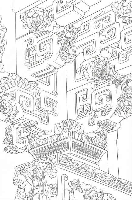 将这张古建筑木雕图片提取出线稿，保留所有结构细节，只保留轮廓线条，去除色彩和纹理预览效果