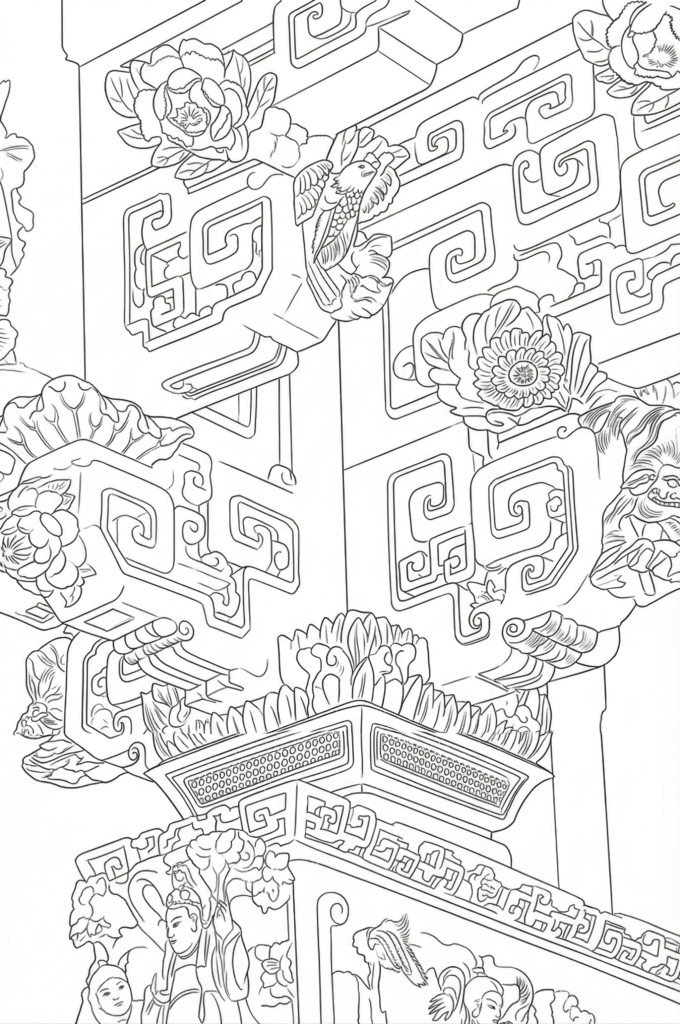 将这张古建筑木雕图片提取出线稿，保留所有结构细节，只保留轮廓线… - 图片创意预览