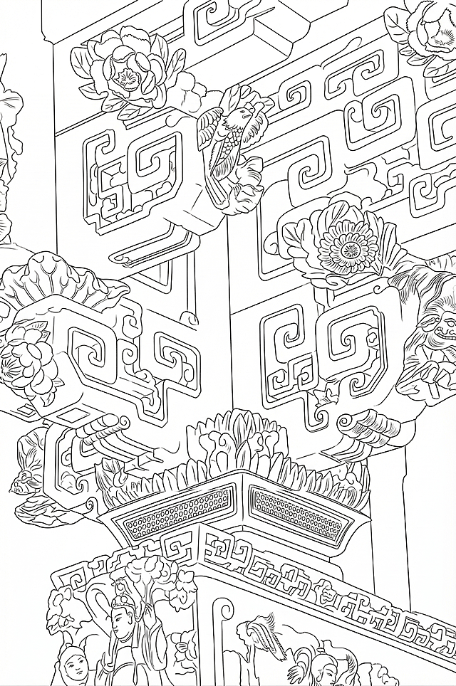 将这张古建筑木雕图片提取出线稿，保留所有结构细节，只保留轮廓线条，去除色彩和纹理