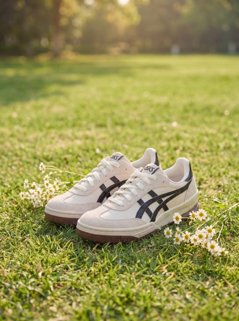 延续图1的场景与色调：开阔绿色草坪、阳光感十足、清新自然风格；生成3:4竖构图，将图2中的亚瑟士米白黑纹鞋子摆放在草坪上，旁边点缀几支小雏菊，保持整体光影柔和、画面干净治愈预览效果