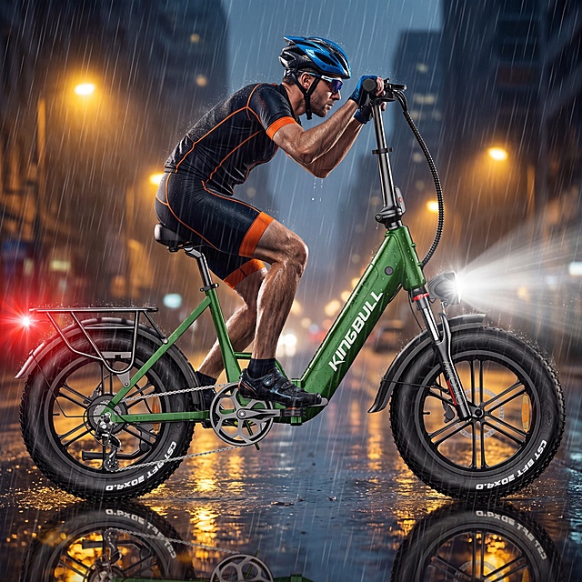 8K 超高清 超写实雨夜骑行产品宣传海报，画面主体是一位男性骑行者，佩戴蓝黑配色头盔与墨镜，身穿黑橙拼色骑行服，骑行用户提供的绿色KINGBULL公路折叠电动自行车，在雨夜潮湿的路面上骑行。车头强光穿透雨雾，车尾红光闪烁，路面倒映着暖黄色灯光。背景是阴沉的雨景氛围，突出IP65防水性能。画面无任何文字、水印或图标，动态模糊捕捉骑行速度感，细节还原雨丝、车灯光晕与积水反光，符合专业户外照明宣传级画质
