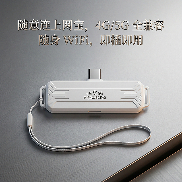 基于参考图，将「随意连上网宝」产品全景居中展示，1:1还原产品外观。背景为哑光银灰金属质感科技背景，和主图风格统一，使用轮廓光加柔和环境光。以轻奢排版总结核心价值文字「随意连上网宝，4G/5G 全兼容，随身 WiFi，即插即用」，强化品牌认知。尺寸800×800px正方形，4K高清，轻奢商务科技风。