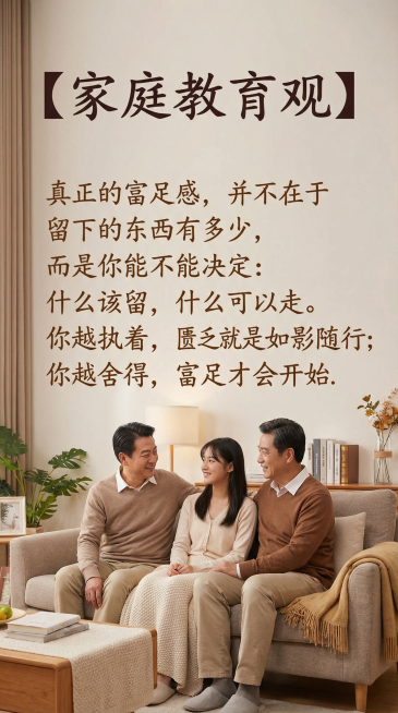 画面中只有一对中年中国父母和一个中国大学生女孩，图片上方有清晰书写正确的中文文字“【家庭教育观】”，图片主体位置有清晰书写正确的中文文字“真正的富足感，并不在于留下的东西有多少，而是你能不能决定：什么预览效果