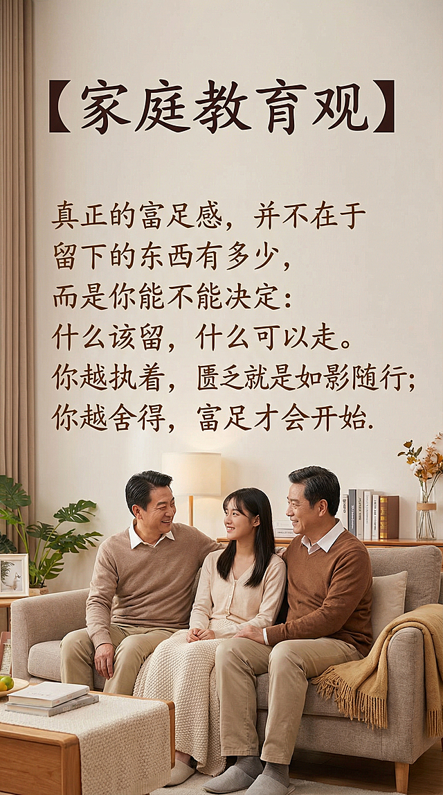 画面中只有一对中年中国父母和一个中国大学生女孩，图片上方有清晰书写正确的中文文字“【家庭教育观】”，图片主体位置有清晰书写正确的中文文字“真正的富足感，并不在于留下的东西有多少，而是你能不能决定：什么该留，什么可以走。你越执着，匮乏就越是如影随行；你越舍得，富足才会开始。”，整体为温馨和谐的家庭氛围，文字清晰正确