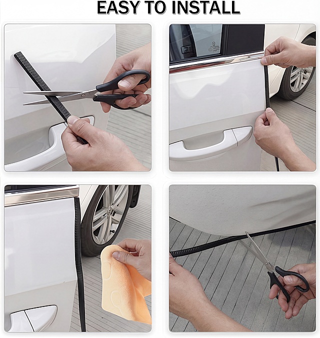 将图片中四个小格子里所有涂红色指甲油的女士手替换为成年男士大手，保持动作、位置和整体场景不变，替换后自然融合，光影真实，保留黑色密封条、汽车、剪刀、毛巾等原有物品