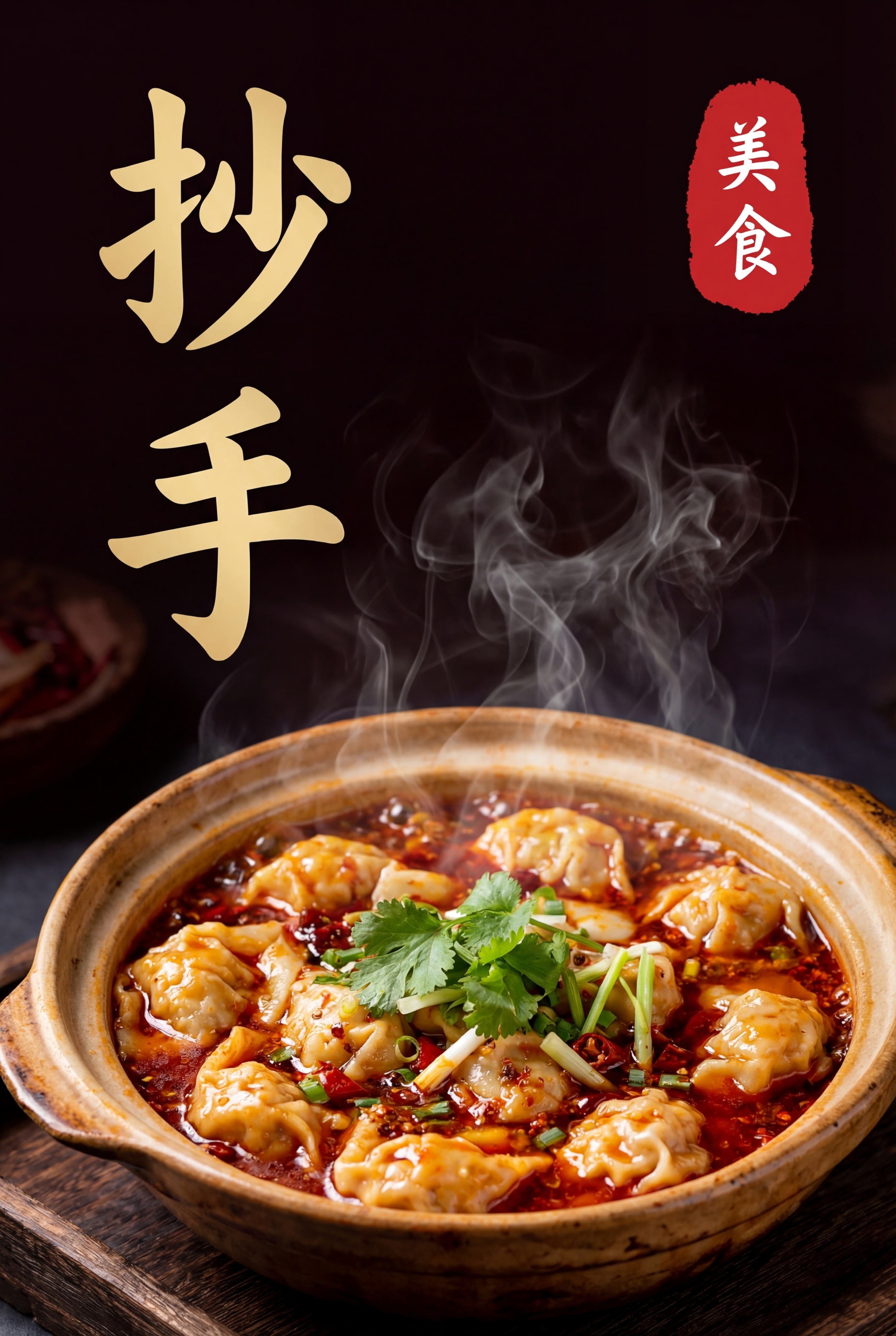 美食宣传海报，主题是"抄手"，左侧竖排大字写"抄手"，右上角红… - 图片创意预览