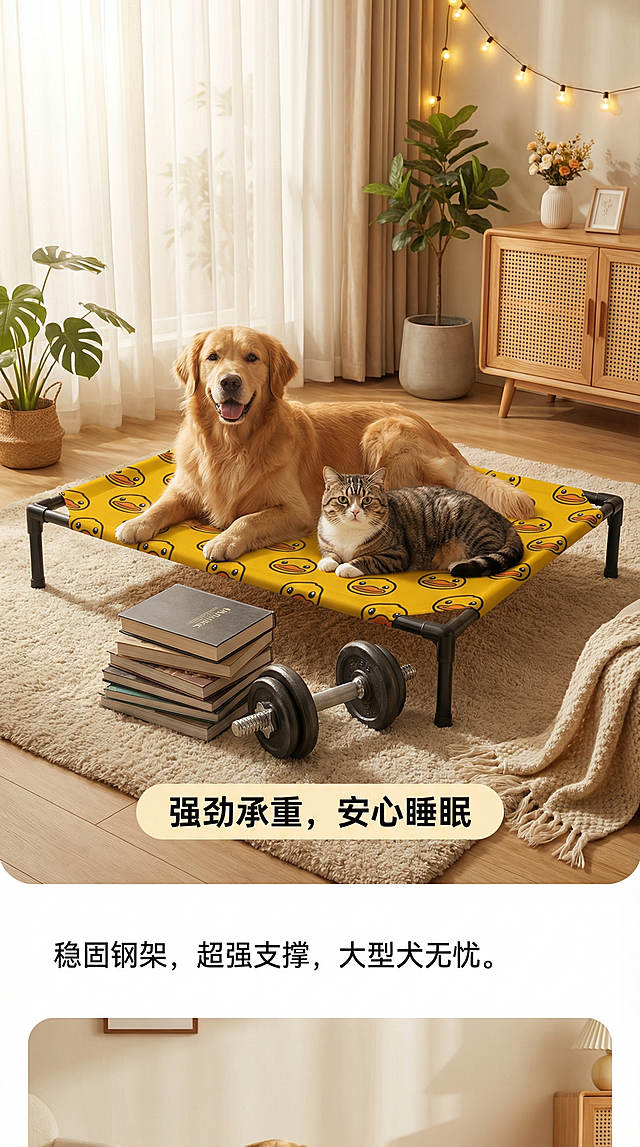 宠物行军床商品详情页第二张图，展示这款黄色小黄鸭图案宠物行军床的承重强劲特点，放在温馨家居环境中，温馨舒适家居治愈风，淘宝天猫竖版详情图