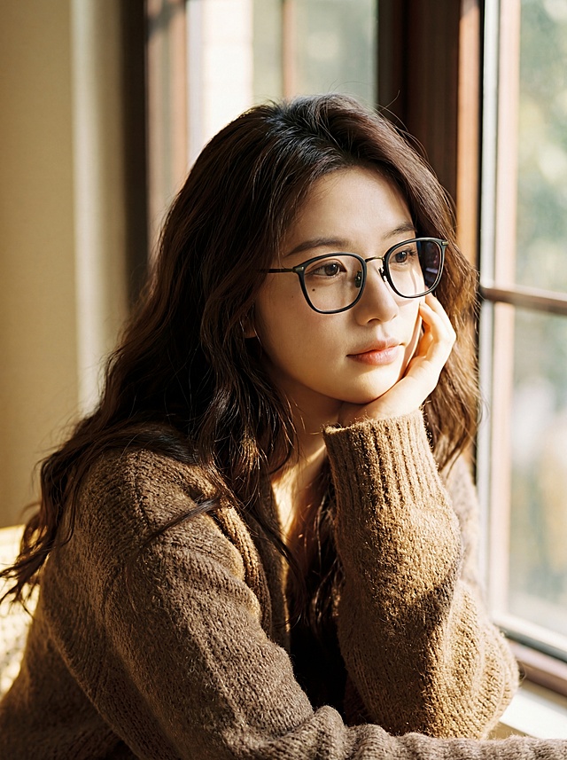 超高清8K，韩系ins风人像，年轻东亚女性，深棕长卷发，佩戴图中这款复古眼镜，咖色马海毛毛衣，手托下巴，慵懒氛围感，暖调柔焦光影，胶片质感，细节拉满，小红书爆款
