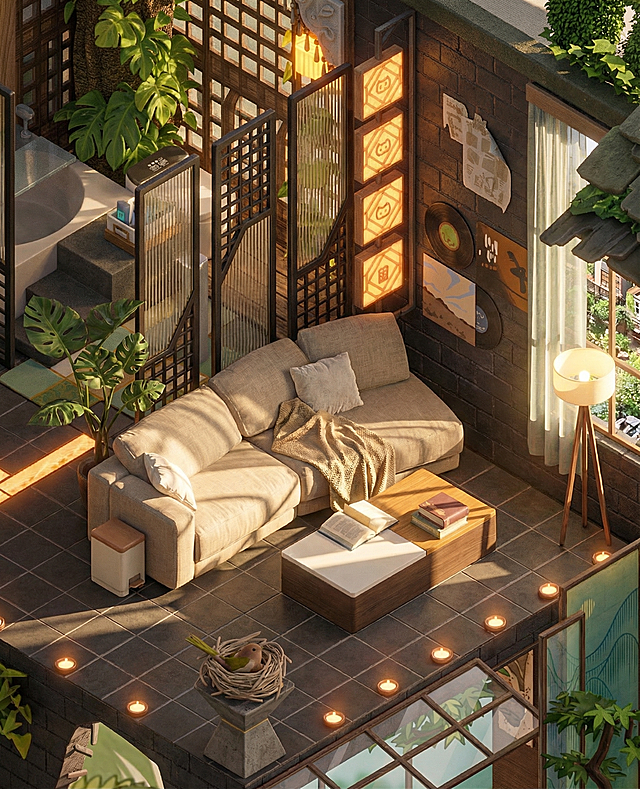 保持房间布局、视角和家具样式不变，生成为真实现实房间效果图，搭配真实光影提升视觉效果，模拟真实住所。优化色彩平衡，增强细节清晰度，制作立体感的房间全景图，图片清晰，将房间中家具、绿植、摆件等材质清晰真实还原，同时还原窗外自然场景。