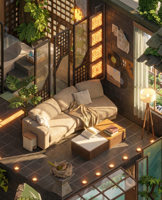 保持房间布局、视角和家具样式不变，生成为真实现实房间效果图，搭配真实光影提升视觉效果，模拟真实住所。优化色彩平衡，增强细节清晰度，制作立体感的房间全景图，图片清晰，将房间中家具、绿植、摆件等材质清晰真预览效果