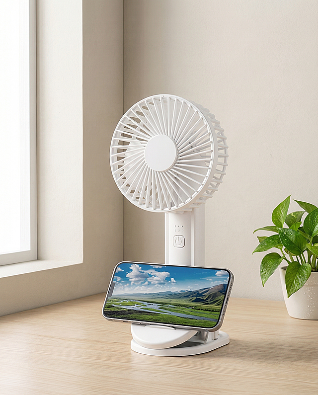 白色折叠手持小风扇，带手机支架功能，保持物理结构绝对不变，按键接口严禁扭曲 居中构图，主体占画面70%，平稳放置在浅原木桌面上，拒绝比例失调 浅木色桌面搭配浅米色微水泥背景墙，北欧极简风格，拉开景深 漫射柔光，左侧窗户透入，阴影极淡柔和，画面明亮干净 角落点缀一盆带露珠的小型绿萝，打破单调 商业3C摄影，4K分辨率，极致材质细节，通透干净，保持4:5比例。严格遵守物理空间关系，各组件之间严禁结构穿