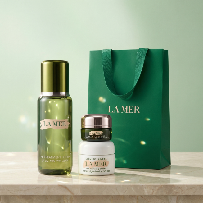 保持海蓝之谜护肤套装产品的外观、结构、文字Logo完全不变，替换为符合美妆高端调性的背景，水漾清透轻奢优雅风格，产品放置在浅米色大理石台面上，背景是干净的莫兰迪淡绿色渐变，商业柔焦漫射光影，低对比度，预览效果