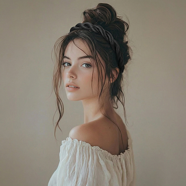 将图片中人物头上的黄色发带替换成提供参考图中的1厘米粗黑色扭辫发带，让发带自然贴合，佩戴在合适的位置，保持整体光影和风格一致，其他部分不修改