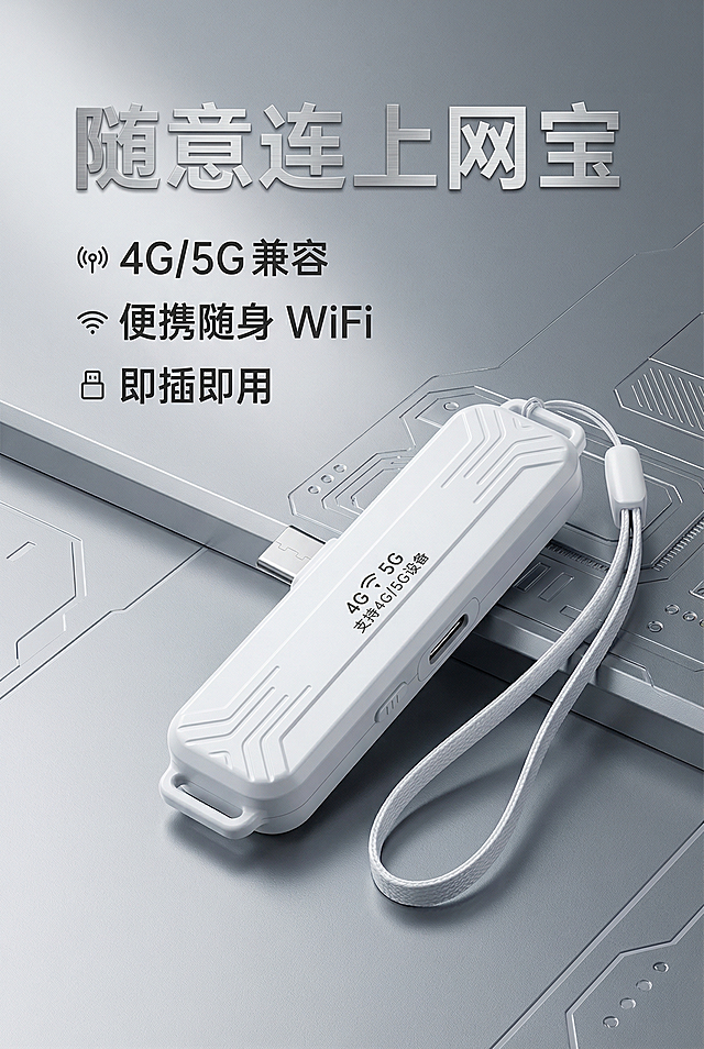 作为淘宝详情页首屏，展示「随意连上网宝」产品全景，搭配品牌名「随意连上网宝」和三大核心卖点「4G/5G 兼容」「便携随身 WiFi」「即插即用」。背景为哑光银灰金属质感科技背景，和整体风格统一，使用专业轮廓光加环境光凸显产品高级感，轻奢商务风排版，视觉层级清晰突出产品与卖点。宽度750px，高度自适应，4K高清。