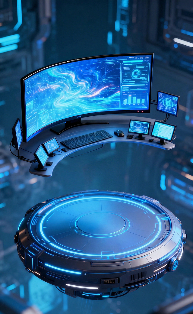 移除画面中央的机器人，保留原来的弧形多功能显示器操作台和蓝色霓虹科技平台，保持原有赛博科幻科技感风格，保持原有蓝青色调和未来科技城市背景