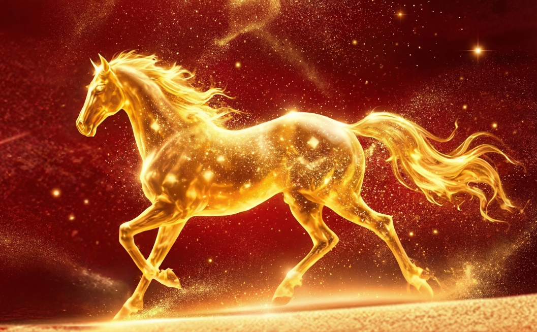 生成和参考图一样的金马，发光的金色骏马在奔跑，红底金色颗粒光效，华丽金色质感，梦幻大气视觉效果预览效果