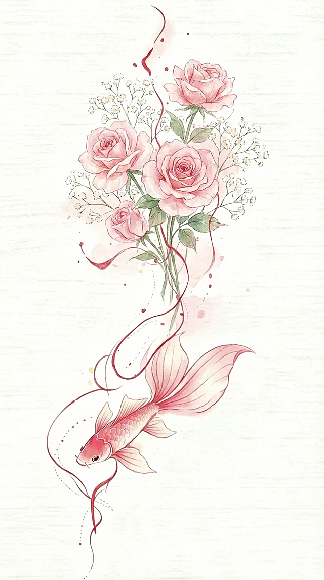 生成一张和参考图类似风格的竖向纹身图案：水彩清新粉色调，上半部分为主花束（改为粉玫瑰+满天星，替换原郁金香铃兰），下半部分为一条粉色锦鲤，用红色飘逸线条串联，整体保持通透水彩质感，保留纯白色底，竖向9:16构图，整体温柔清新纹身风格，构图不重复，元素组合不同但风格一致